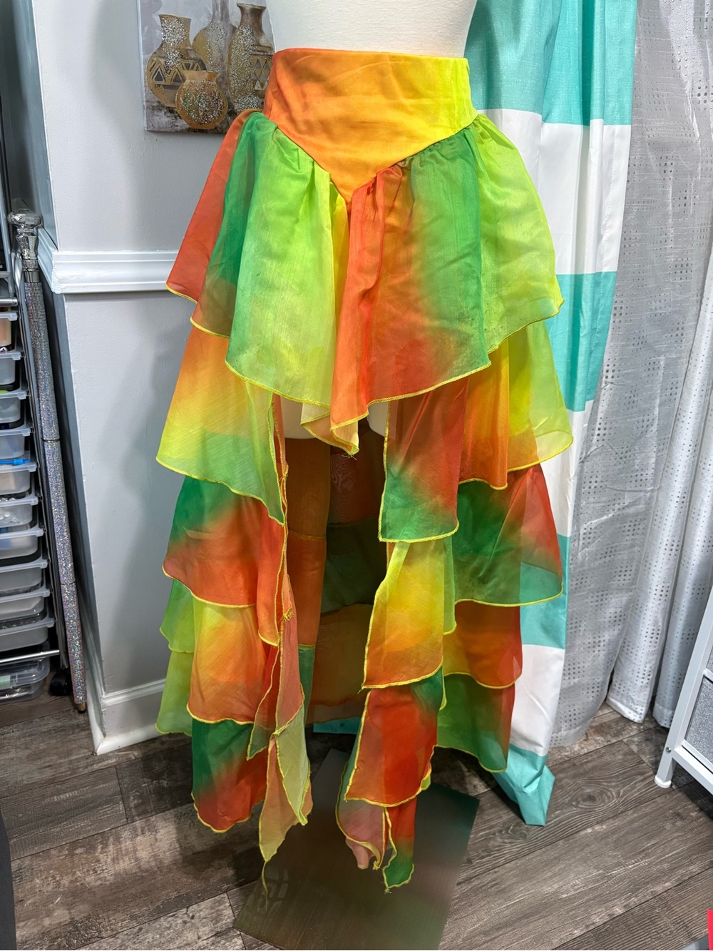 Neon Gradient Tiered High-Low Skirt - Green Orange Yellow